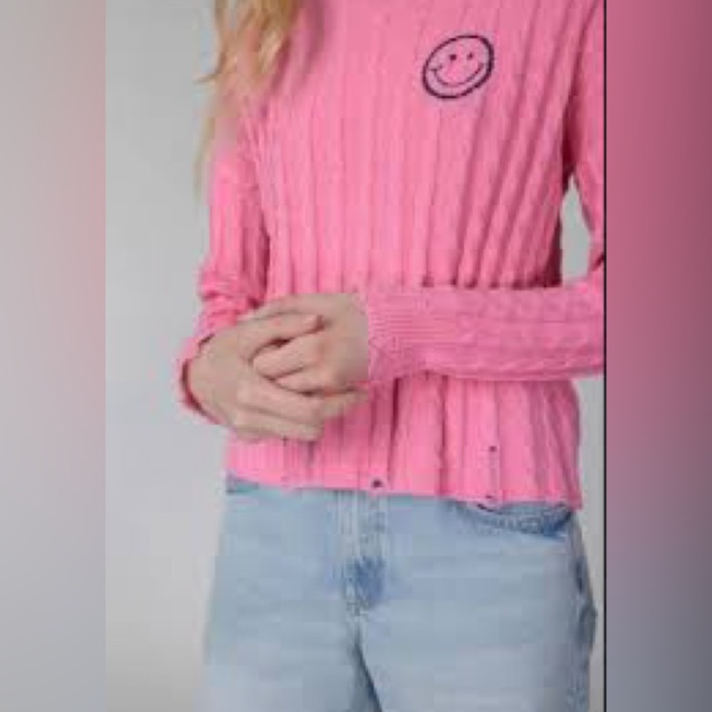 J. Society Distressed Cable Varsity Smiley Crew Sweater Small Pink - Picture 2 of 6